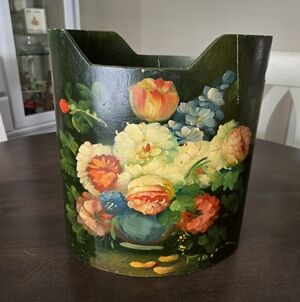 Vintage Wooden Hand Painted Flemish Floral Wastepaper Basket